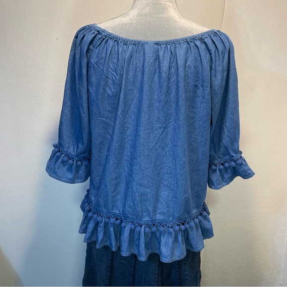 #0246 Hester & Orchard Denim Blue Ruffled Relaxed Blouse w/ Tassels-S - Picture 3 of 8